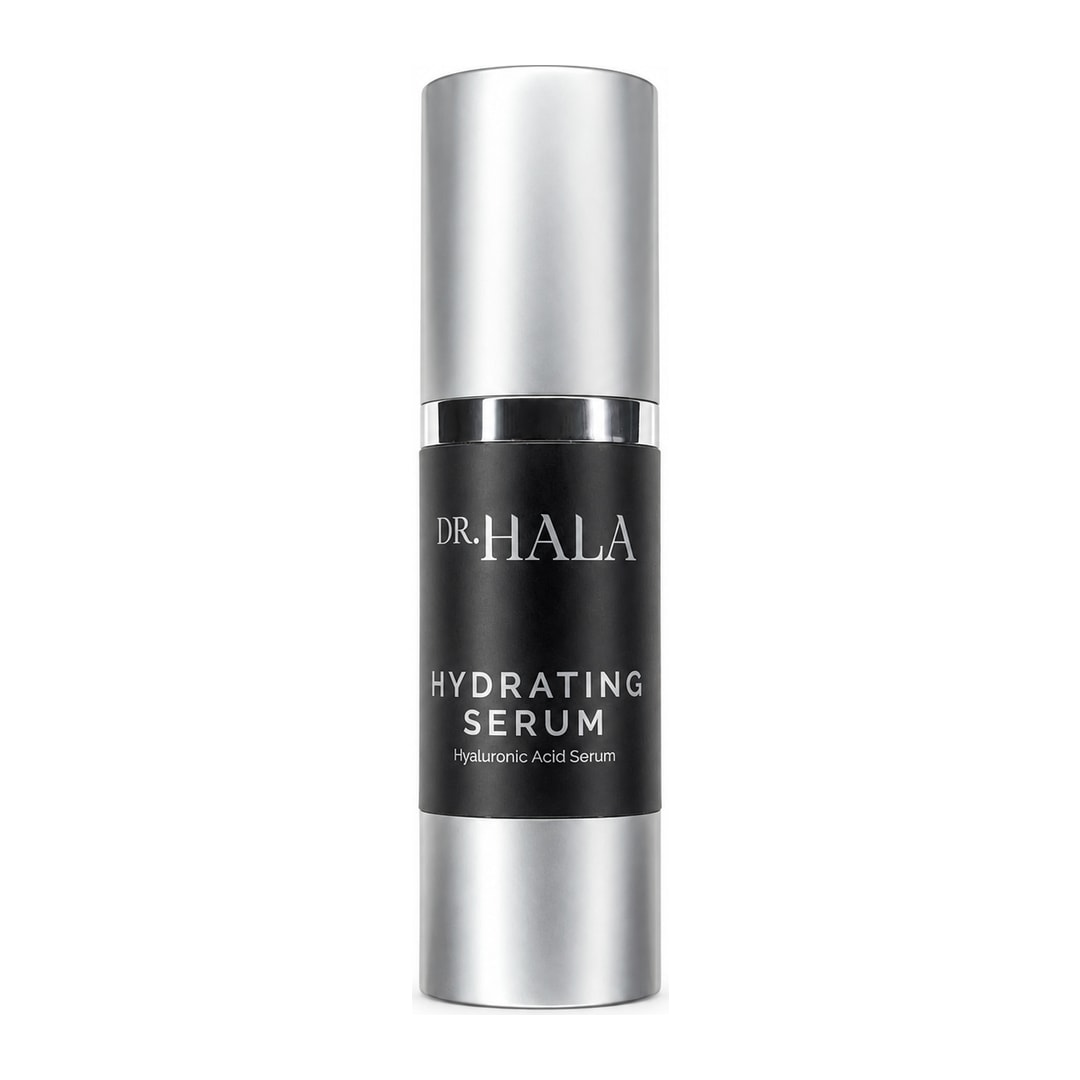A studio image of a Dr Hala Hydrating Serum with Hyaluronic Acid in it. The packaging is black with a silver lid.
