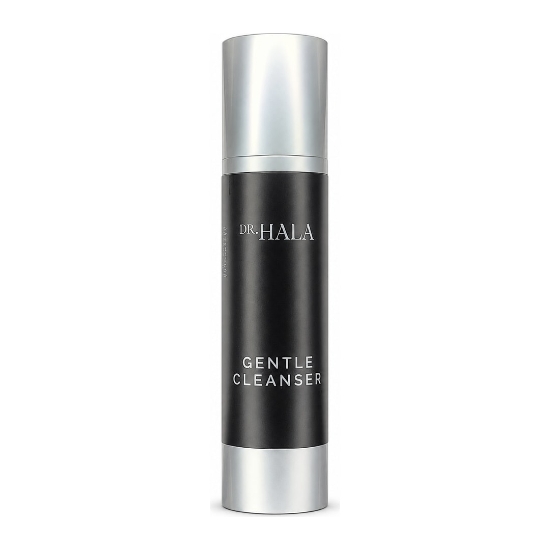 A studio image of a Dr Hala Gentle Cleanser with black labelling, silver font and metallic lid.
