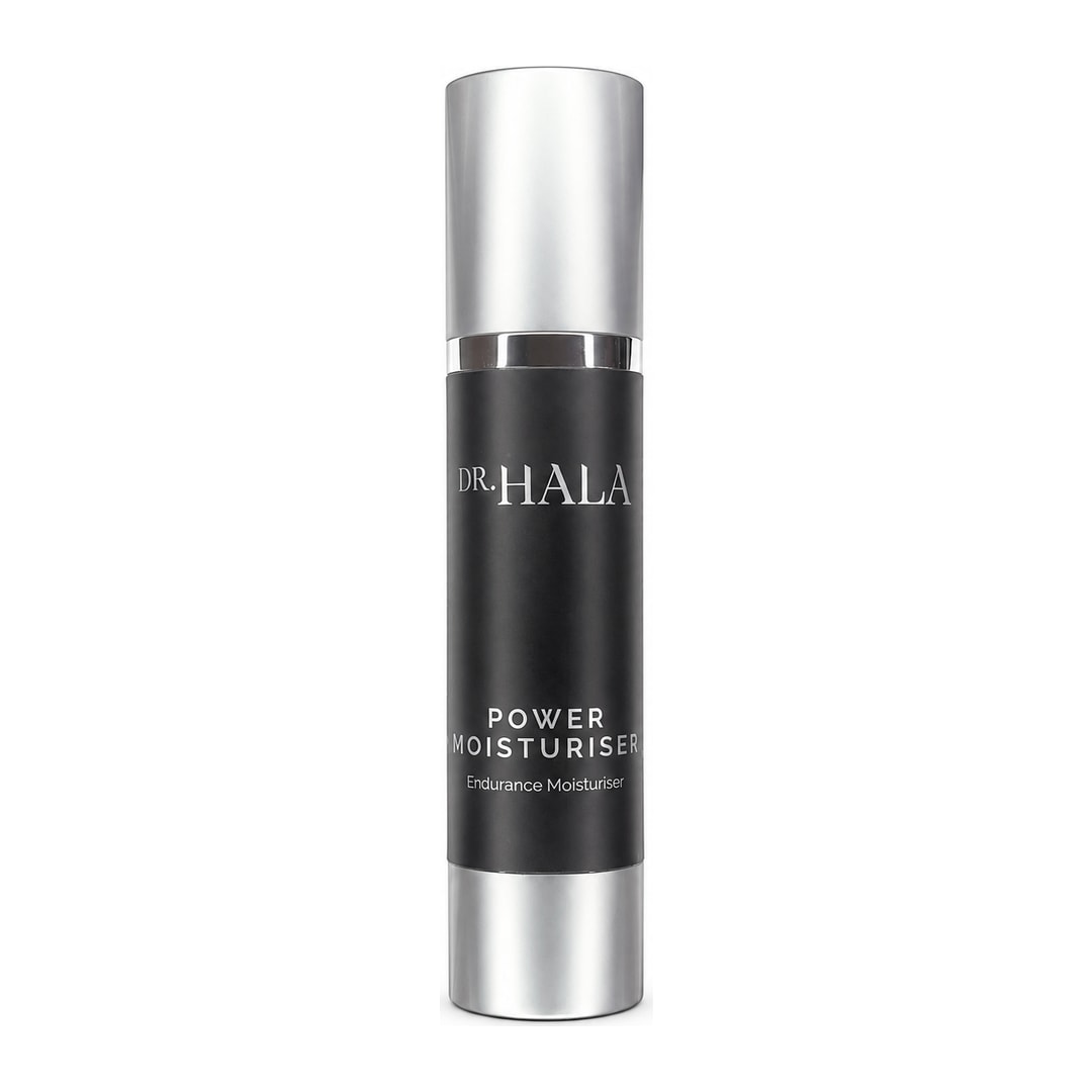 A studio image of a Dr Hala Power Moisturiser with black labelling and silver lid.