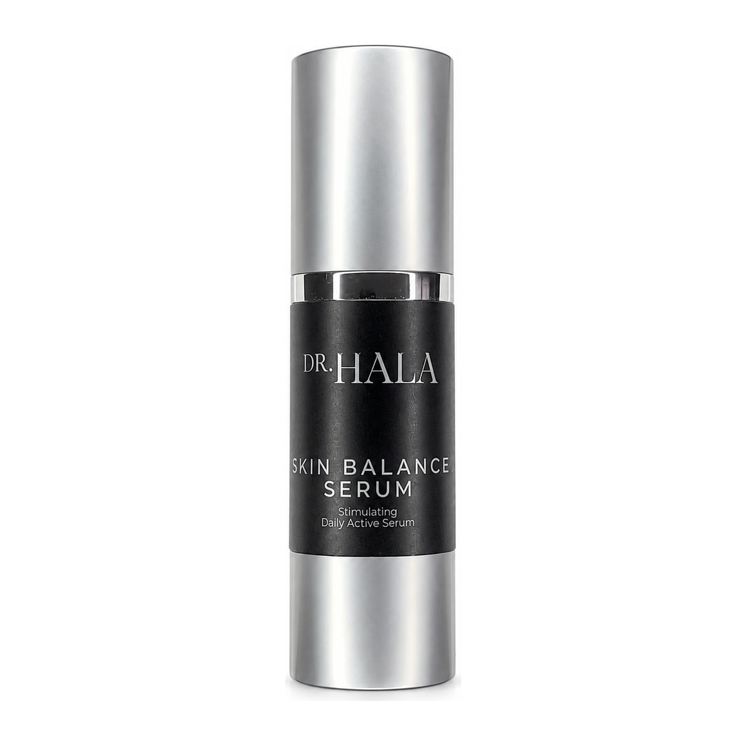 A studio image of a Dr Hala stimulating skin balance serum. The packaging is black with a silver lid and font.