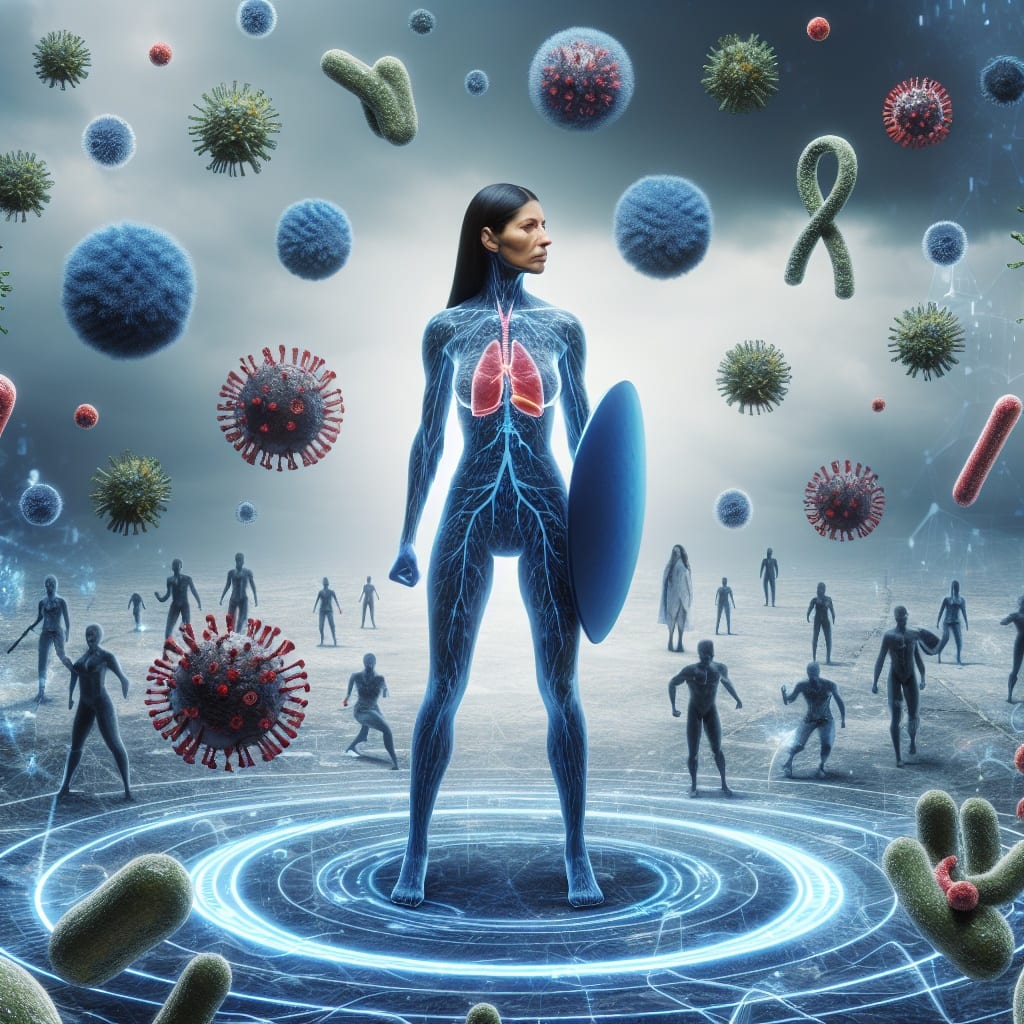 Vitamin Drips | An AI generated image of a woman depicting a strong immune system to fight off surrounding pathogens.