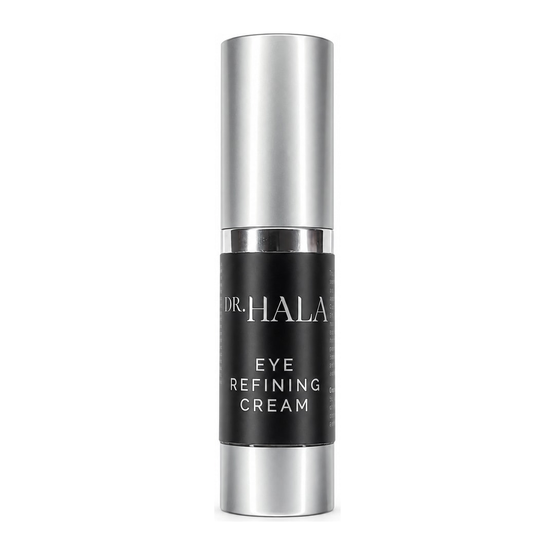 A studio image of a Dr Hala Eye Refining Cream. The packaging is black with a silver lid and font.