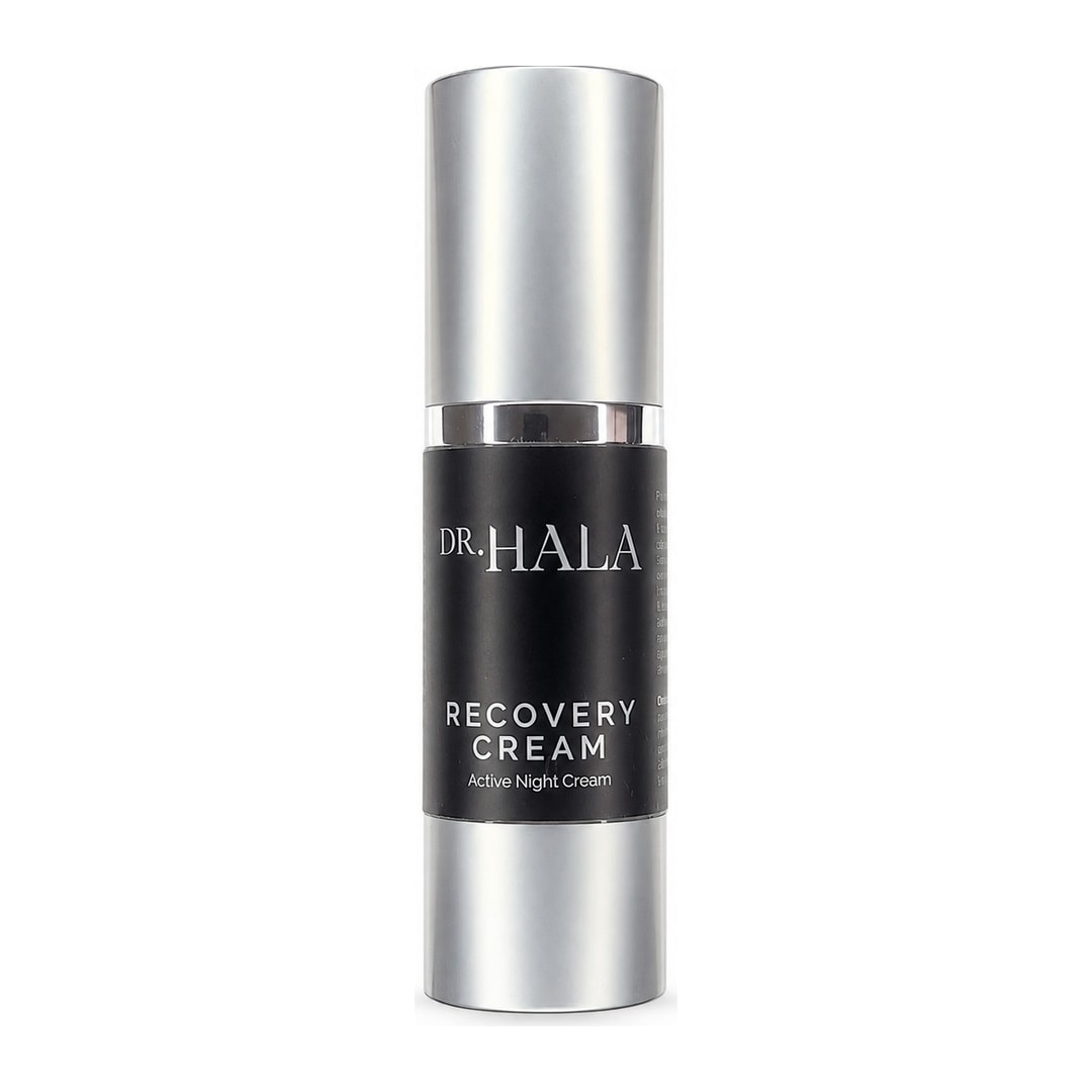 A studio image of a Dr Hala Recovery Active Night Cream. The packaging is black with a silver lid and font.